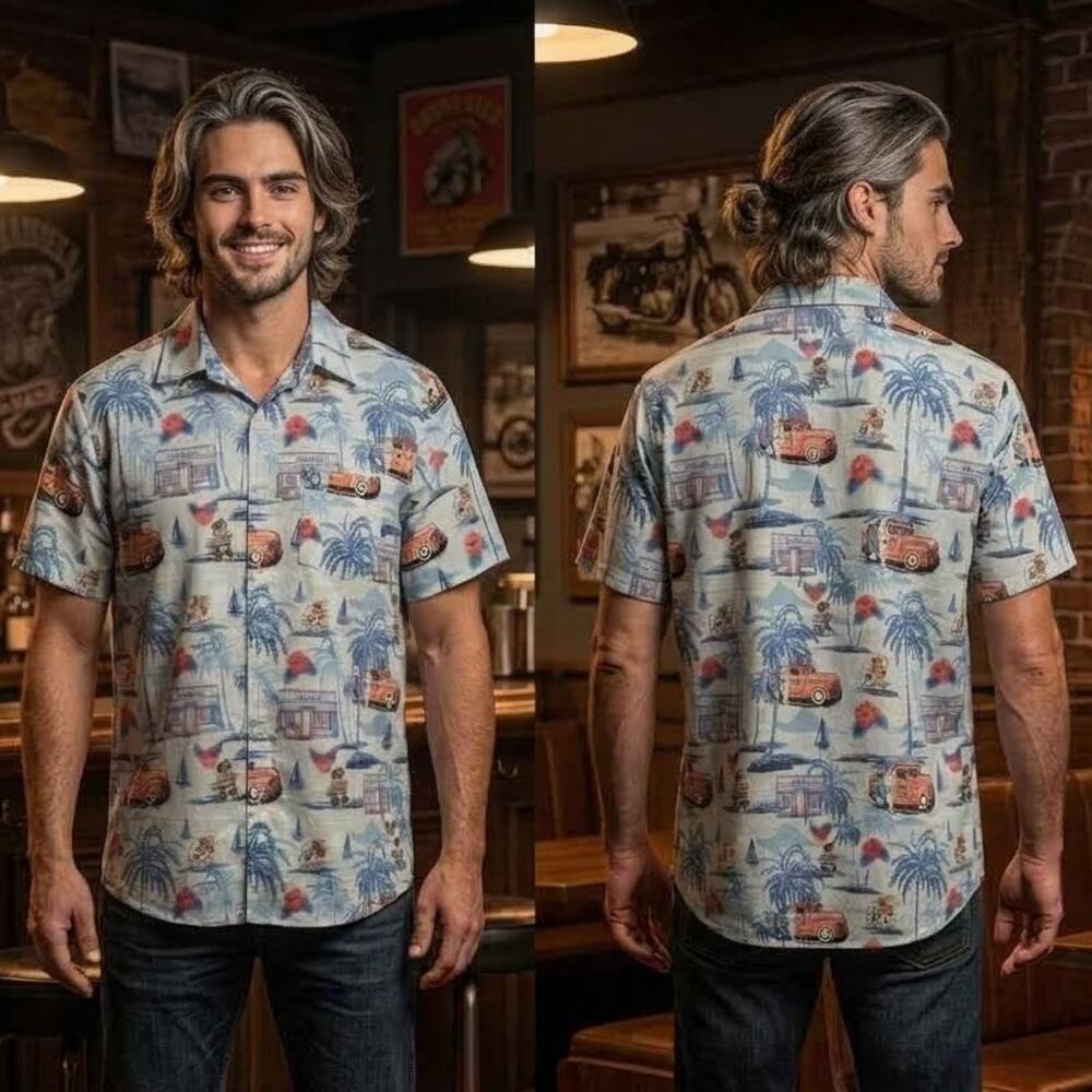 Buc-ee's Blue Hawaiian Surf Shop Button Short Sleeve Shirt Men’s Small 40” Chest